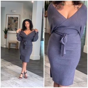 *NWT* SURPLICE BELTED SWEATER DRESS - DARK GREY (HOLIDAY DRESS)
